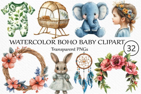 Download Watercolor Boho Baby Clipart Bundle - Baby Collection