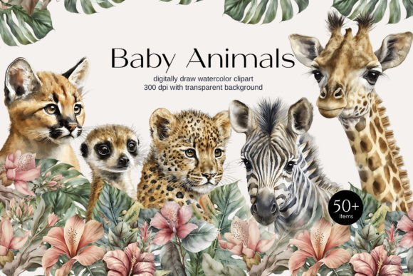 Download Watercolor Safari Baby Animals Clipart - Baby Collection